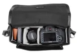 top view of bag with gear in black