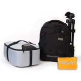 backpack with camera pod , weatherproof cover and tripod