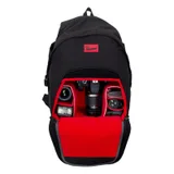 backpack in black loaded with camera gear
