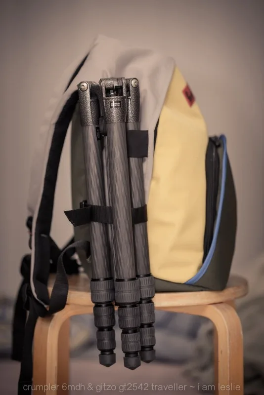 crumpler 6 million dollar home camera backpack & gitzo traveller series 2 tripod attached at the side