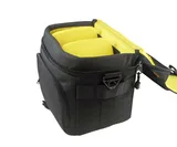 Large top-access cover has dual zipper pulls for quick opening.     Fits camera with lens plus an accessory flash and two additional lenses.