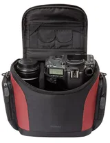 back opened with camera gear inside in black/red