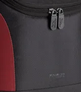 closeup of zippers in black/red