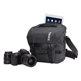 Thule Covert DSLR Satchel with camera gear outside and tablet showing