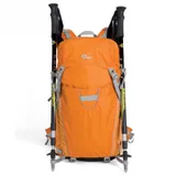 Front of bag in orange with trek sticks attached