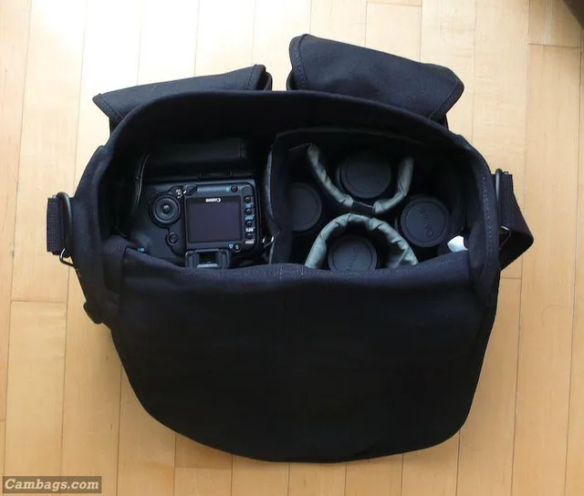 The lenses go in the insert and the camera can sit a few different ways on the side.