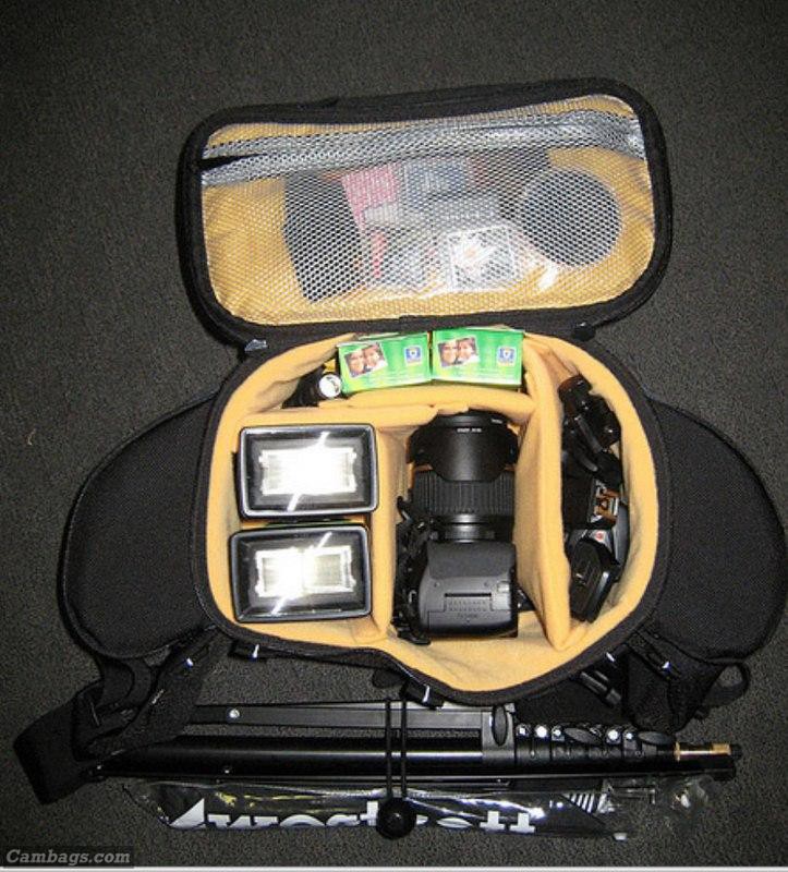 The W94 holds almost as much as the backpack! There's not as much spare room in the W94 but it's roomy enough for camera with lens, 2 flashes, 2 umbrella adaptors, super clamp, gels, filter, battery and cards.