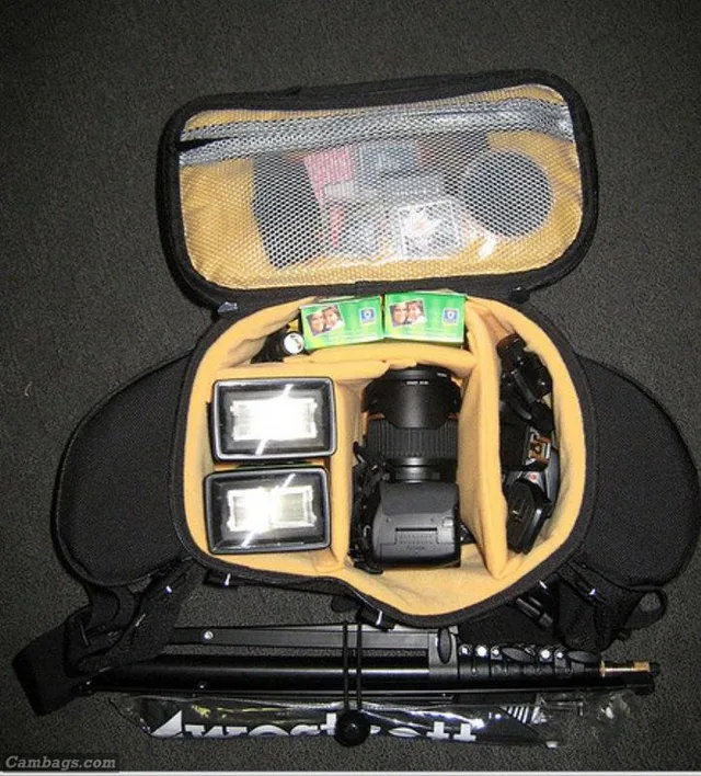 The W94 holds almost as much as the backpack! There's not as much spare room in the W94 but it's roomy enough for camera with lens, 2 flashes, 2 umbrella adaptors, super clamp, gels, filter, battery and cards.