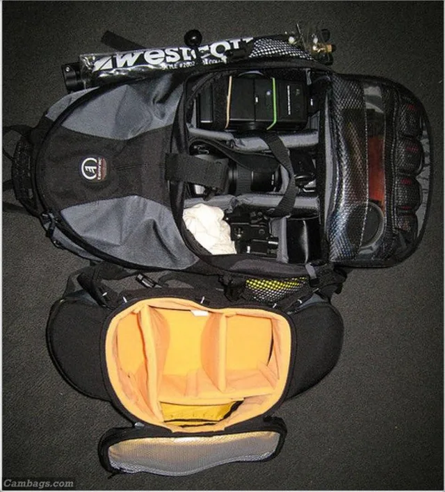 Kata W-94 waist/bum bag next to the Tamrac Adventure 9 and a manfrotto 001b lightstand with compact umbrella.