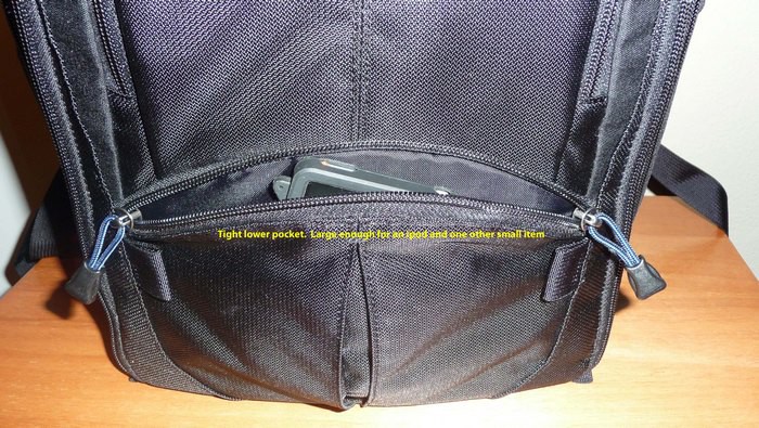 shows the lower outside pocket. It stretches, but not much. This contains my 30 gb ipod.