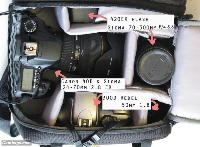 Upon opening up the main camera compartment, I found I could fit my Canon 40D with Sigma 24-70 f2.8 lens attached, along with a Sigma 70-300 lens, a Canon 50mm f1.8 prime, my spare Digital Rebel BODY, and my 420 EX flash with an Omni-bounce attachmen