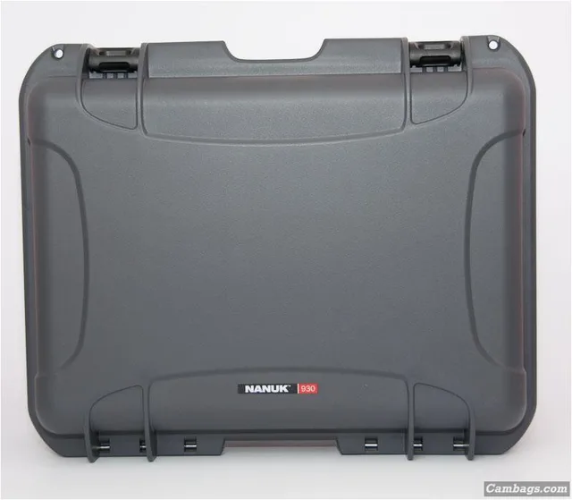 Top of case. The holes on each side at the top are for padlocking or shoulder strap. Stainless steel hinges at the bottom.